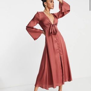ASOS Pink Tie Front Satin Midi Dress